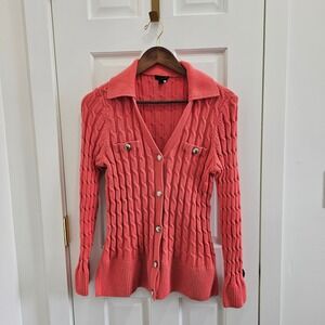 Talbots Coral Cable Knit Button Front Collared Cardigan Sweater Top Women L